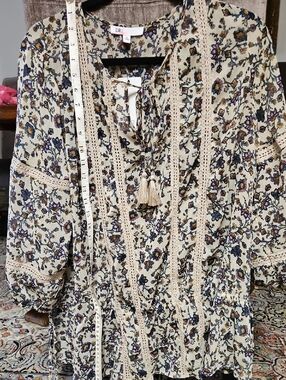 DR2 Cream Floral Blouse with Navy and Mustard Accents
